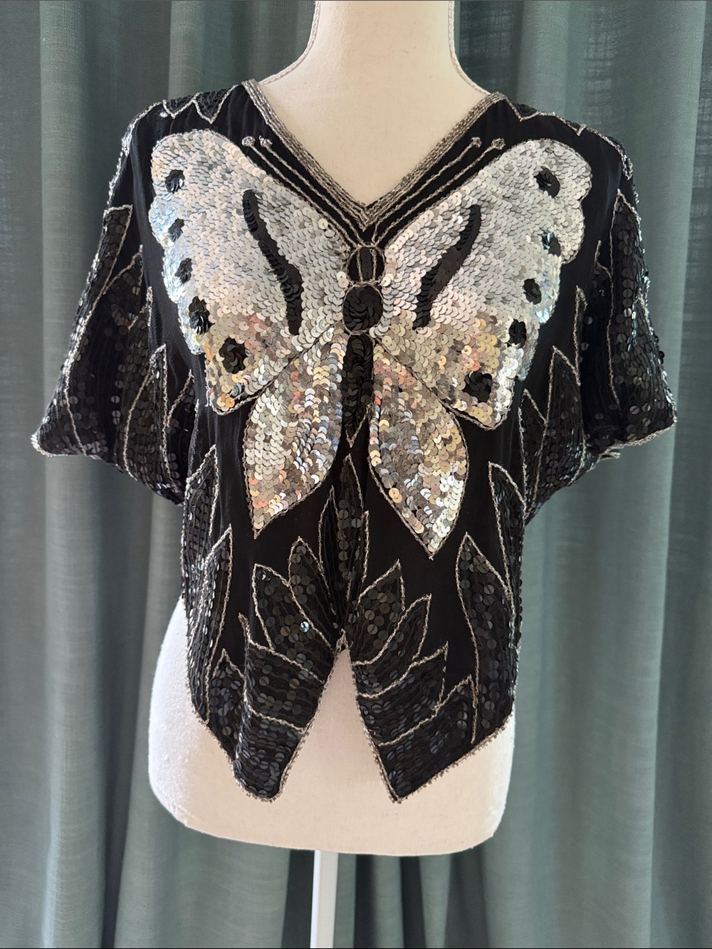 Scala Black Sequin Butterfly Crop Top
